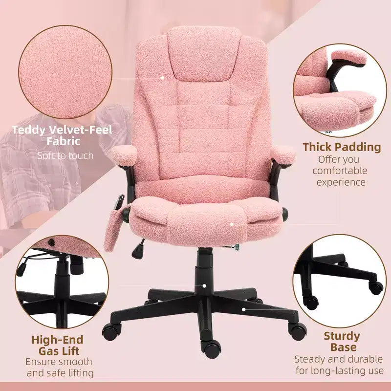 Fauteuil de bureau massant Vinsetto 6 points avec fonction chauffante, fauteuil de bureau de direction à haut dossier en velours avec dossier inclinable et accoudoirs