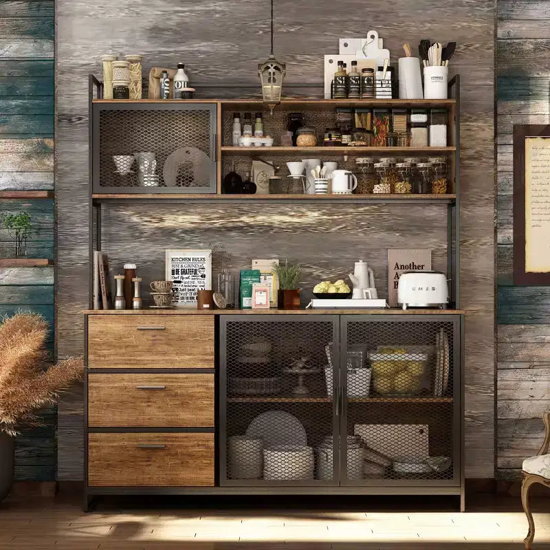 Hitow Meuble de cuisine en bois avec buffet, portes métalliques, 3 tiroirs, étagère, plan de travail