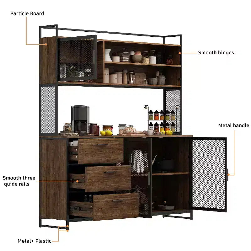 Hitow Meuble de cuisine en bois avec buffet, portes métalliques, 3 tiroirs, étagère, plan de travail