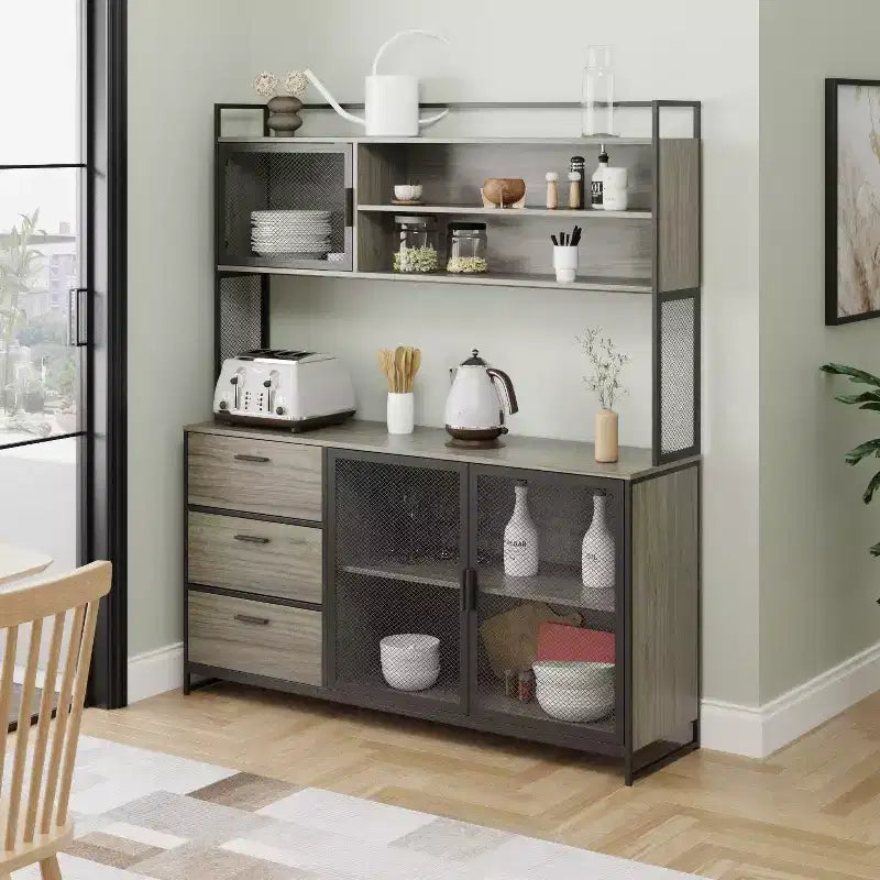 Hitow Meuble de cuisine en bois avec buffet, portes métalliques, 3 tiroirs, étagère, plan de travail