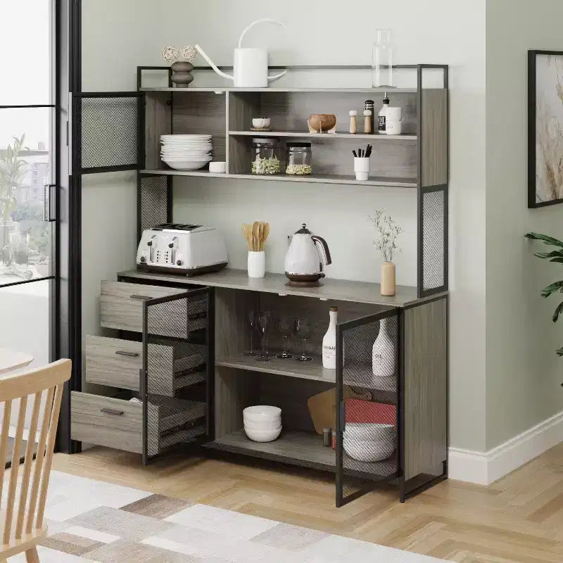 Hitow Meuble de cuisine en bois avec buffet, portes métalliques, 3 tiroirs, étagère, plan de travail