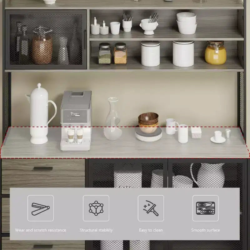 Hitow Meuble de cuisine en bois avec buffet, portes métalliques, 3 tiroirs, étagère, plan de travail