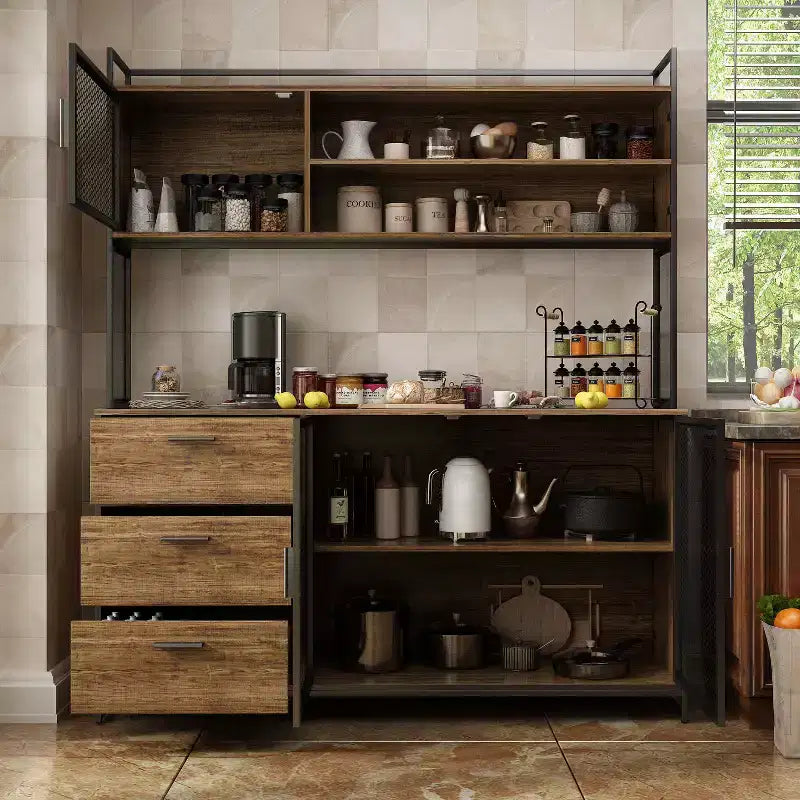 Hitow Meuble de cuisine en bois avec buffet, portes métalliques, 3 tiroirs, étagère, plan de travail