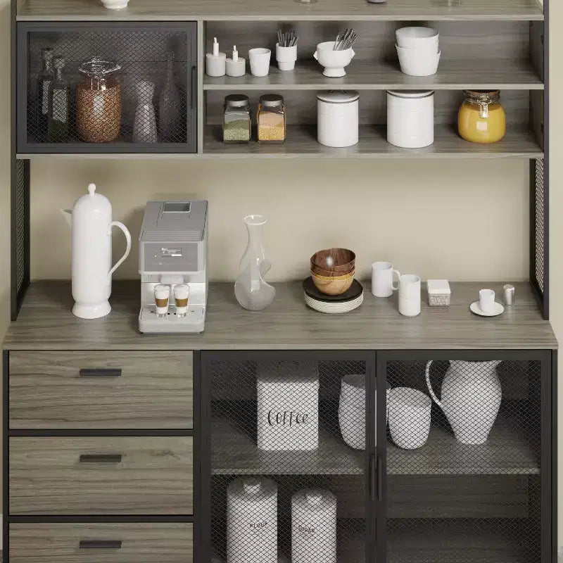 Hitow Meuble de cuisine en bois avec buffet, portes métalliques, 3 tiroirs, étagère, plan de travail