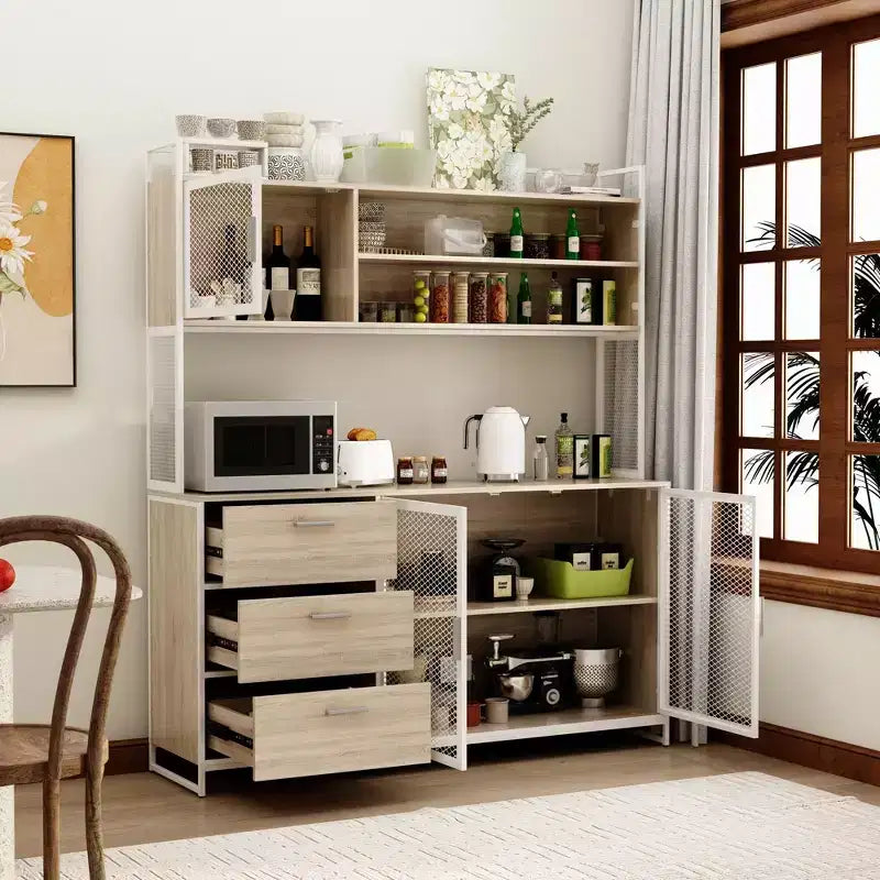 Hitow Meuble de cuisine en bois avec buffet, portes métalliques, 3 tiroirs, étagère, plan de travail