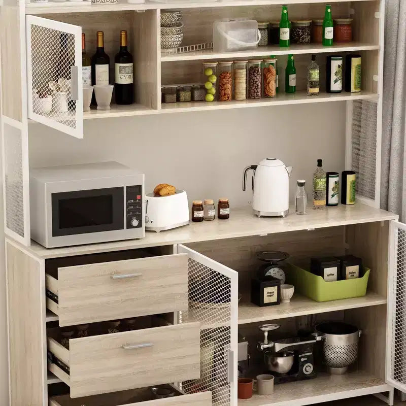 Hitow Meuble de cuisine en bois avec buffet, portes métalliques, 3 tiroirs, étagère, plan de travail