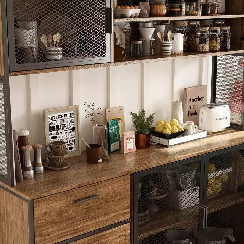 Hitow Meuble de cuisine en bois avec buffet, portes métalliques, 3 tiroirs, étagère, plan de travail