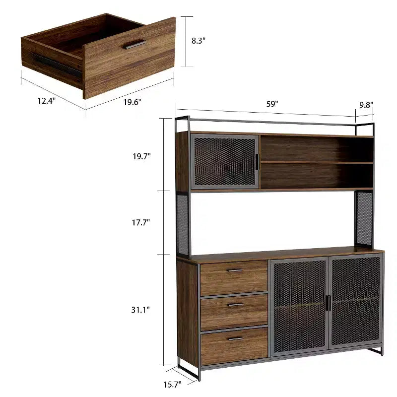 Hitow Meuble de cuisine en bois avec buffet, portes métalliques, 3 tiroirs, étagère, plan de travail