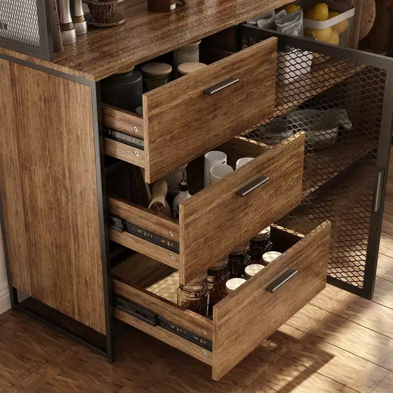 Hitow Meuble de cuisine en bois avec buffet, portes métalliques, 3 tiroirs, étagère, plan de travail