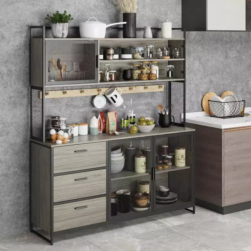 Hitow Meuble de cuisine en bois avec buffet, portes métalliques, 3 tiroirs, étagère, plan de travail