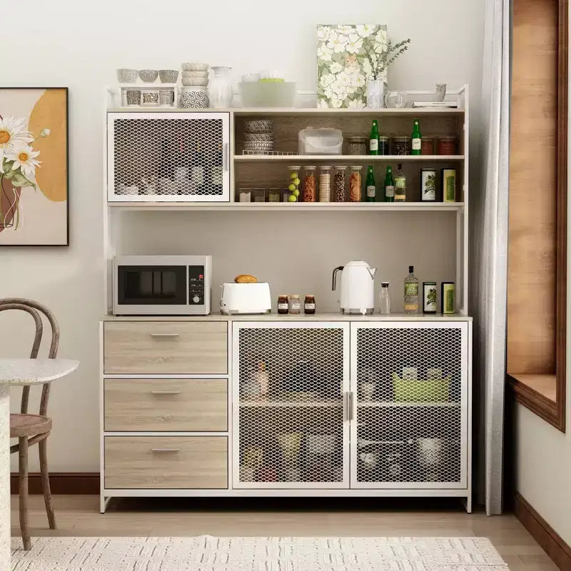Hitow Meuble de cuisine en bois avec buffet, portes métalliques, 3 tiroirs, étagère, plan de travail