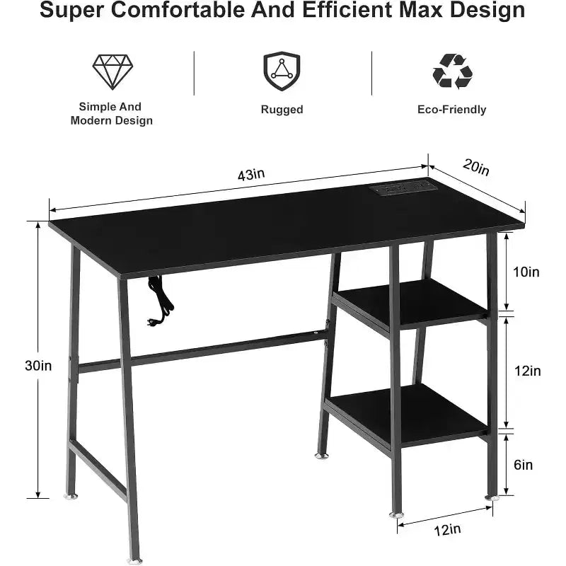VECELO Bureau Informatique Table d'Étude pour Ordinateur Portable avec 2 Étagères de Rangement