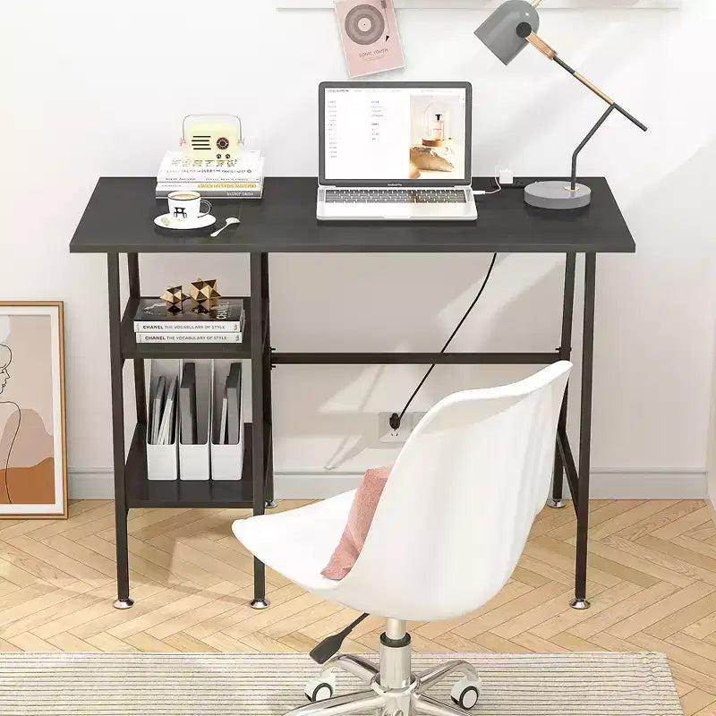 VECELO Bureau Informatique Table d'Étude pour Ordinateur Portable avec 2 Étagères de Rangement