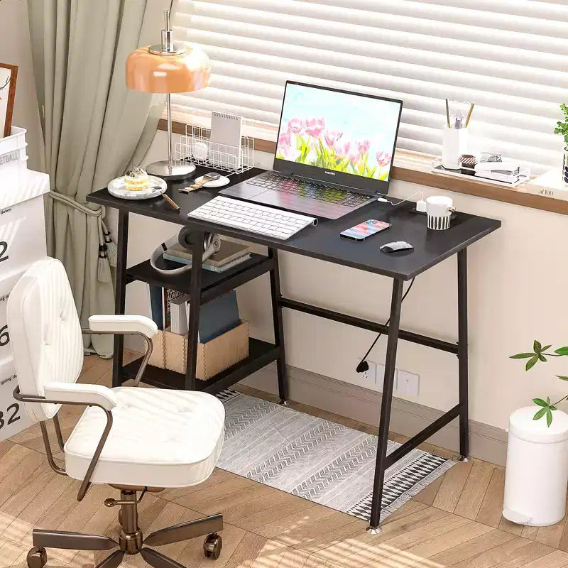 VECELO Bureau Informatique Table d'Étude pour Ordinateur Portable avec 2 Étagères de Rangement