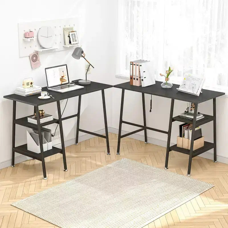 VECELO Bureau Informatique Table d'Étude pour Ordinateur Portable avec 2 Étagères de Rangement
