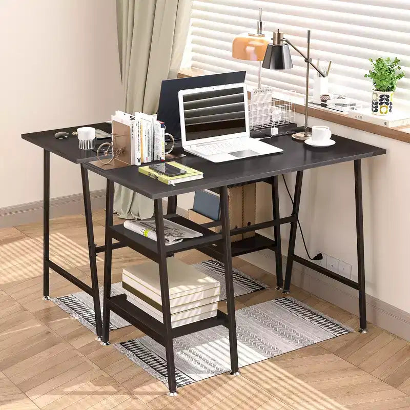 VECELO Bureau Informatique Table d'Étude pour Ordinateur Portable avec 2 Étagères de Rangement