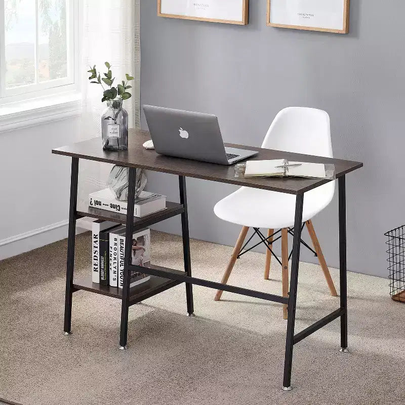 VECELO Bureau Informatique Table d'Étude pour Ordinateur Portable avec 2 Étagères de Rangement