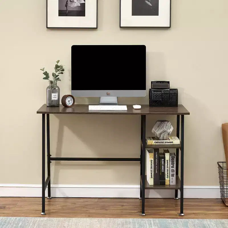 VECELO Bureau Informatique Table d'Étude pour Ordinateur Portable avec 2 Étagères de Rangement