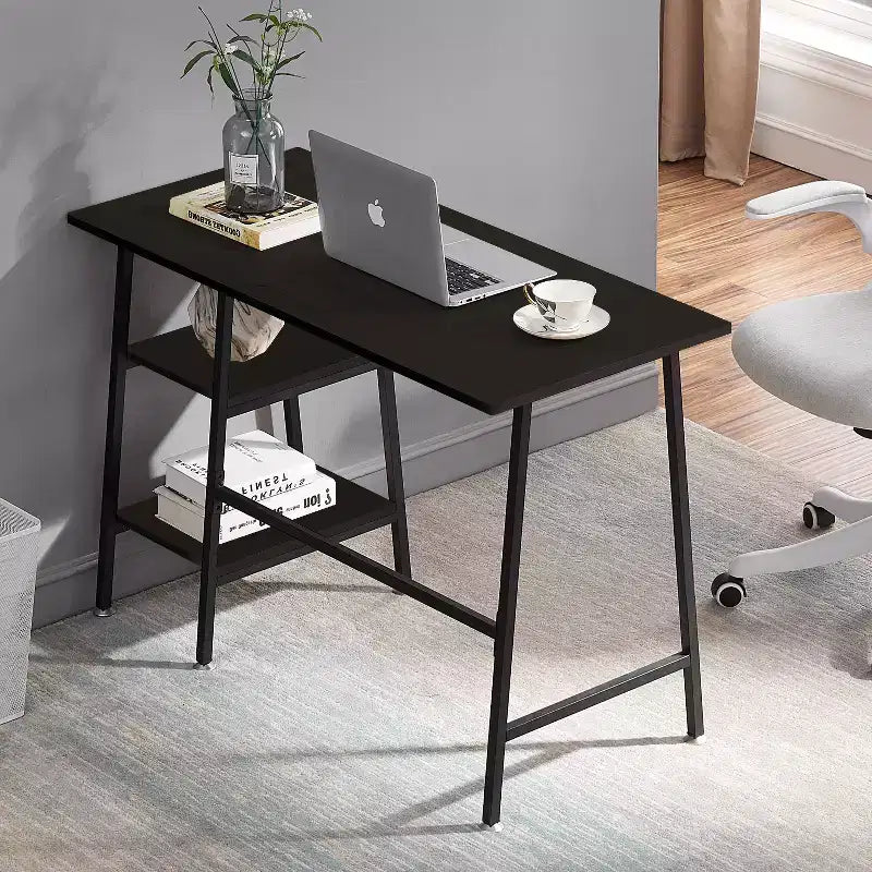 VECELO Bureau Informatique Table d'Étude pour Ordinateur Portable avec 2 Étagères de Rangement