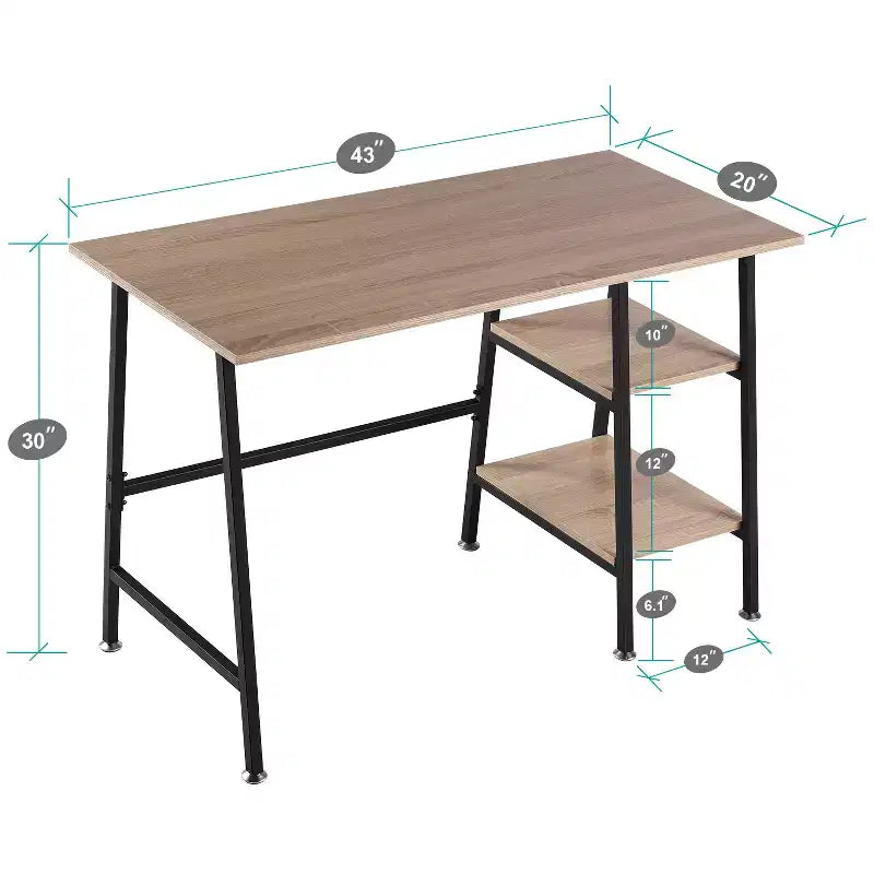 VECELO Bureau Informatique Table d'Étude pour Ordinateur Portable avec 2 Étagères de Rangement