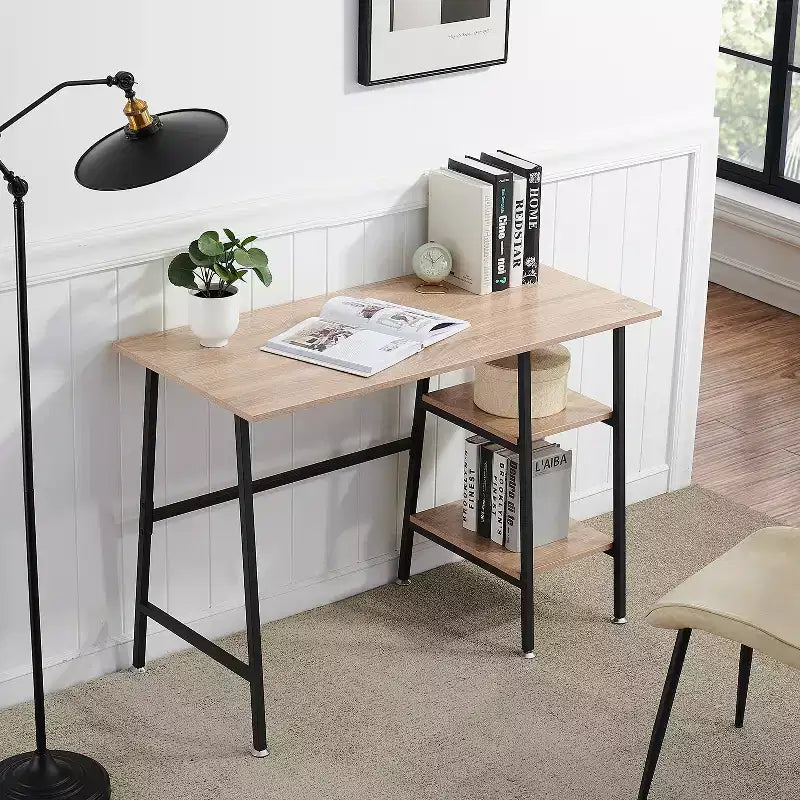 VECELO Bureau Informatique Table d'Étude pour Ordinateur Portable avec 2 Étagères de Rangement