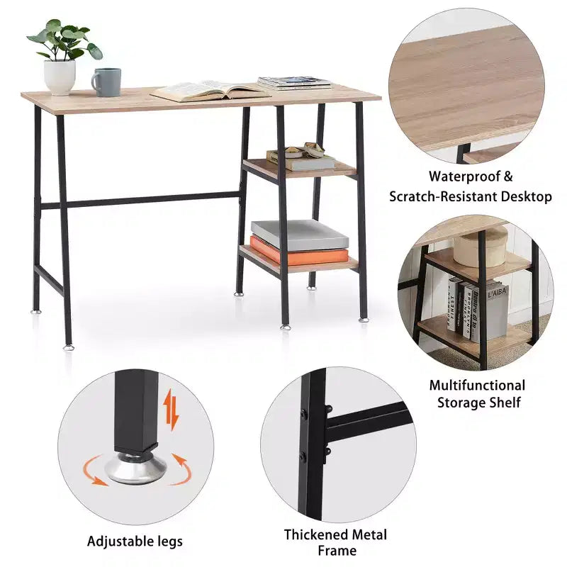 VECELO Bureau Informatique Table d'Étude pour Ordinateur Portable avec 2 Étagères de Rangement
