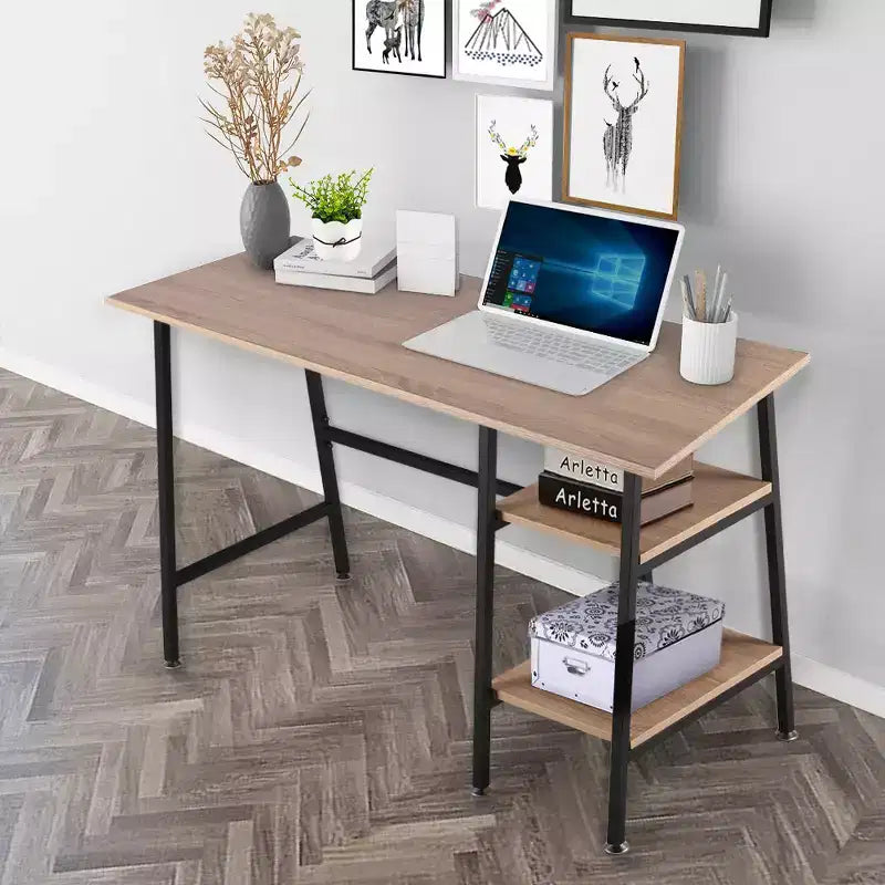 VECELO Bureau Informatique Table d'Étude pour Ordinateur Portable avec 2 Étagères de Rangement