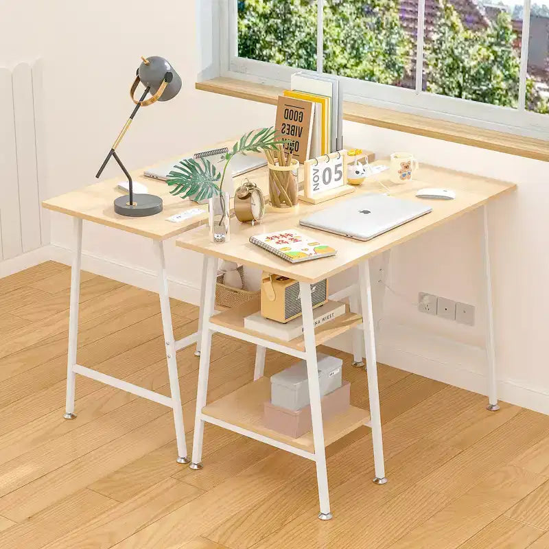 VECELO Bureau Informatique Table d'Étude pour Ordinateur Portable avec 2 Étagères de Rangement