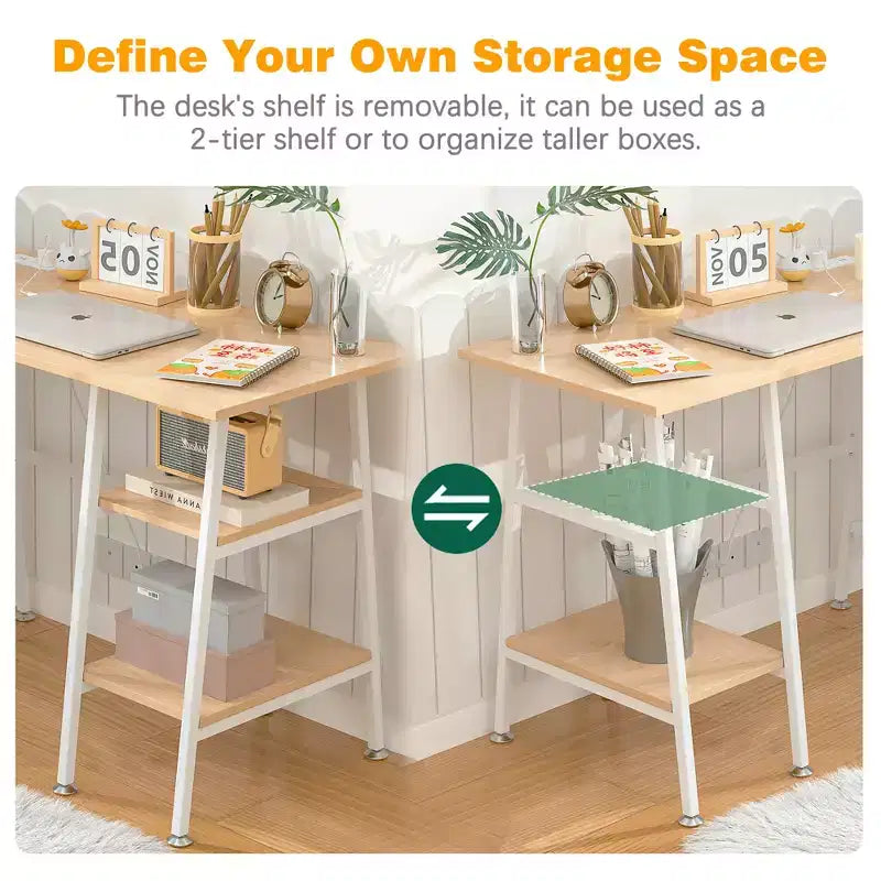 VECELO Bureau Informatique Table d'Étude pour Ordinateur Portable avec 2 Étagères de Rangement