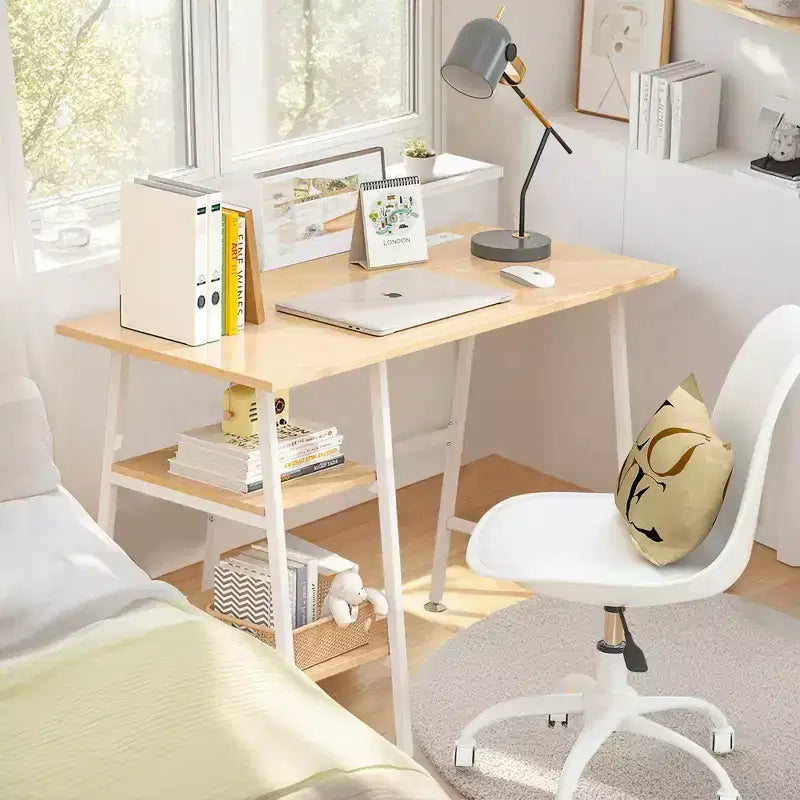 VECELO Bureau Informatique Table d'Étude pour Ordinateur Portable avec 2 Étagères de Rangement