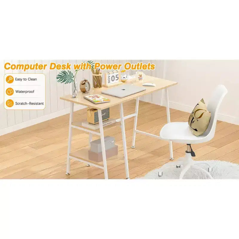 VECELO Bureau Informatique Table d'Étude pour Ordinateur Portable avec 2 Étagères de Rangement