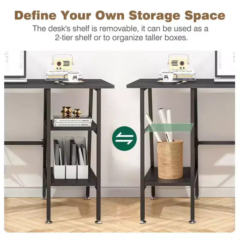 VECELO Bureau Informatique Table d'Étude pour Ordinateur Portable avec 2 Étagères de Rangement