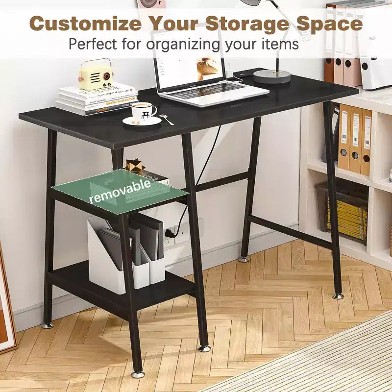 VECELO Bureau Informatique Table d'Étude pour Ordinateur Portable avec 2 Étagères de Rangement
