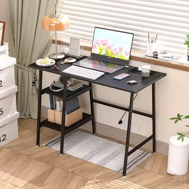 VECELO Bureau Informatique Table d'Étude pour Ordinateur Portable avec 2 Étagères de Rangement