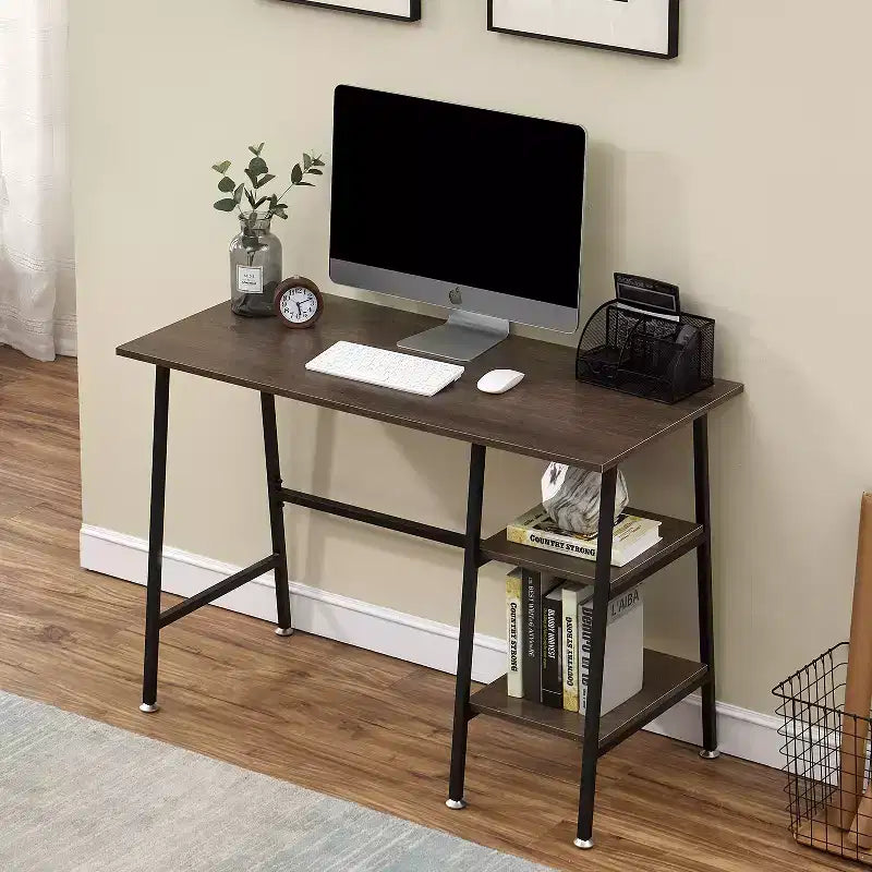 VECELO Bureau Informatique Table d'Étude pour Ordinateur Portable avec 2 Étagères de Rangement