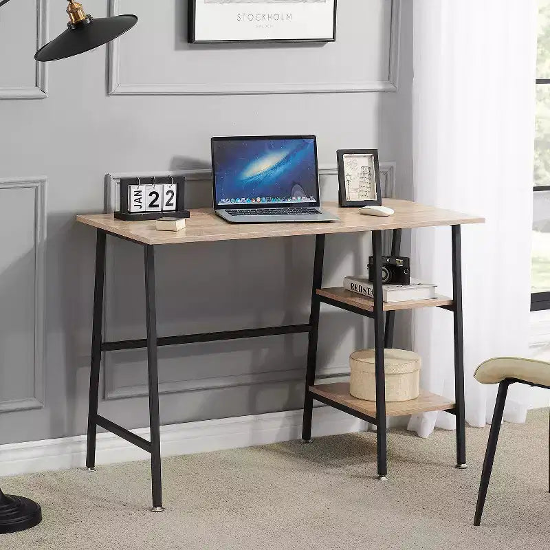 VECELO Bureau Informatique Table d'Étude pour Ordinateur Portable avec 2 Étagères de Rangement
