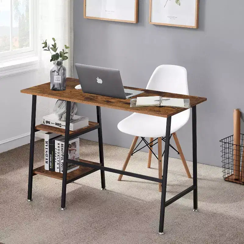 VECELO Bureau Informatique Table d'Étude pour Ordinateur Portable avec 2 Étagères de Rangement