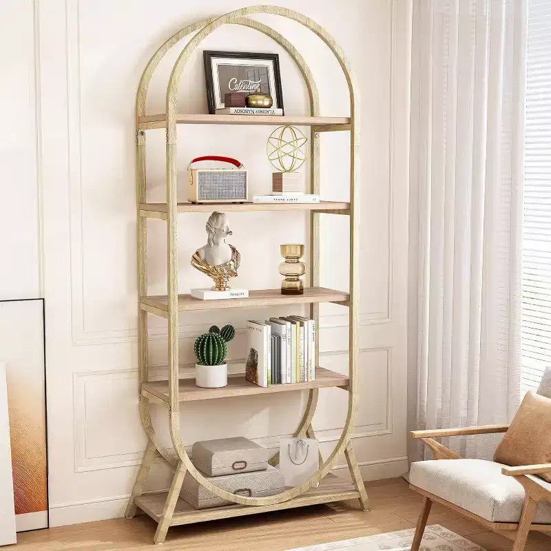 Bibliothèque ouverte Lantine à 5 niveaux, bibliothèque arquée de 180 cm de haut, étagère de présentation autoportante moderne pour bureau, salon