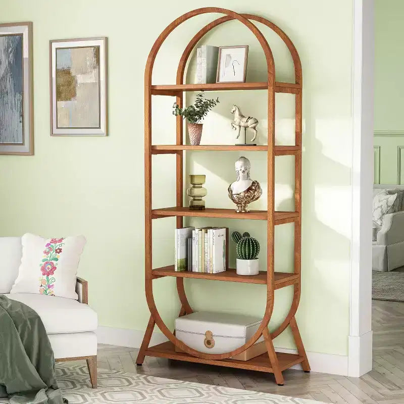 Bibliothèque ouverte Lantine à 5 niveaux, bibliothèque arquée de 180 cm de haut, étagère de présentation autoportante moderne pour bureau, salon