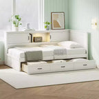 Twin/Full Size L-Shaped Daybed Captain Bed with Drawers, Bookcase, Led Downlight, AC Outlets and USB Ports, White-ModernLuxe