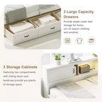 Lit de repos en forme de L double/complet avec tiroirs, bibliothèque, éclairage LED, prises CA et ports USB, blanc-ModernLuxe