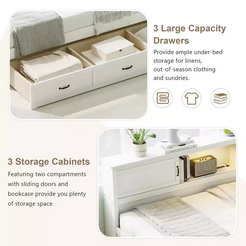 Lit de repos en forme de L double/complet avec tiroirs, bibliothèque, éclairage LED, prises CA et ports USB, blanc-ModernLuxe
