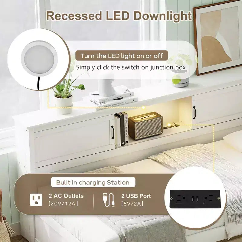 Lit de repos en forme de L double/complet avec tiroirs, bibliothèque, éclairage LED, prises CA et ports USB, blanc-ModernLuxe