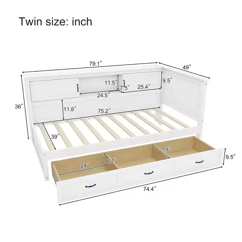 Lit de repos en forme de L double/complet avec tiroirs, bibliothèque, éclairage LED, prises CA et ports USB, blanc-ModernLuxe