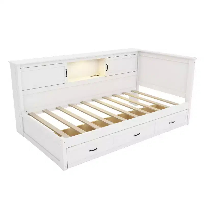 Lit de repos en forme de L double/complet avec tiroirs, bibliothèque, éclairage LED, prises CA et ports USB, blanc-ModernLuxe