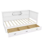 Lit de repos en forme de L double/complet avec tiroirs, bibliothèque, éclairage LED, prises CA et ports USB, blanc-ModernLuxe