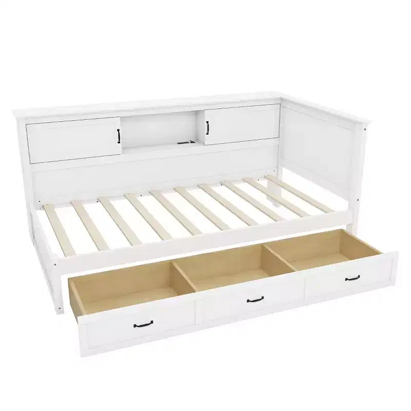 Lit de repos en forme de L double/complet avec tiroirs, bibliothèque, éclairage LED, prises CA et ports USB, blanc-ModernLuxe