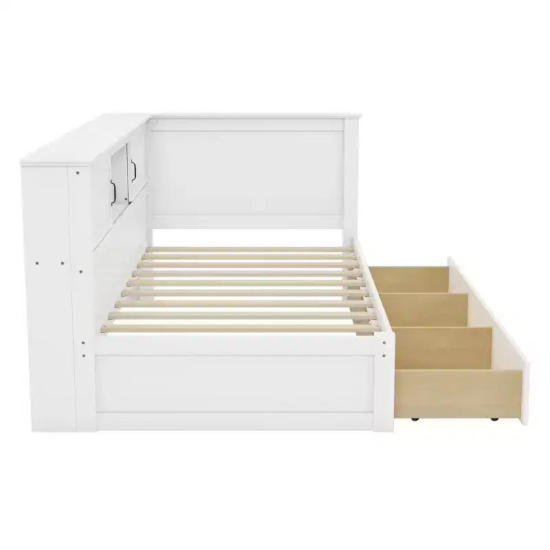 Lit de repos en forme de L double/complet avec tiroirs, bibliothèque, éclairage LED, prises CA et ports USB, blanc-ModernLuxe