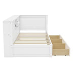 Lit de repos en forme de L double/complet avec tiroirs, bibliothèque, éclairage LED, prises CA et ports USB, blanc-ModernLuxe
