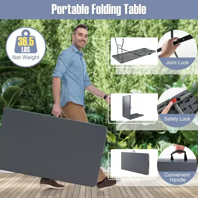 Table pliante portable Costway de 2,4 m avec plateau en PEHD, mécanisme de verrouillage sécurisé, poignée de transport Blanc/Gris/Noir